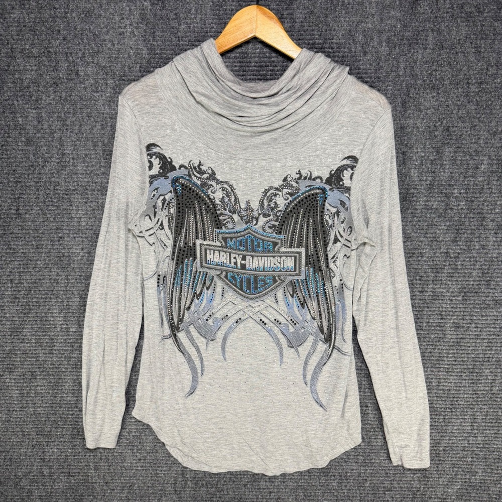 Harley Davidson Womens Y2K Roll Neck Pullover Winged Rhinestone Top Gray L
